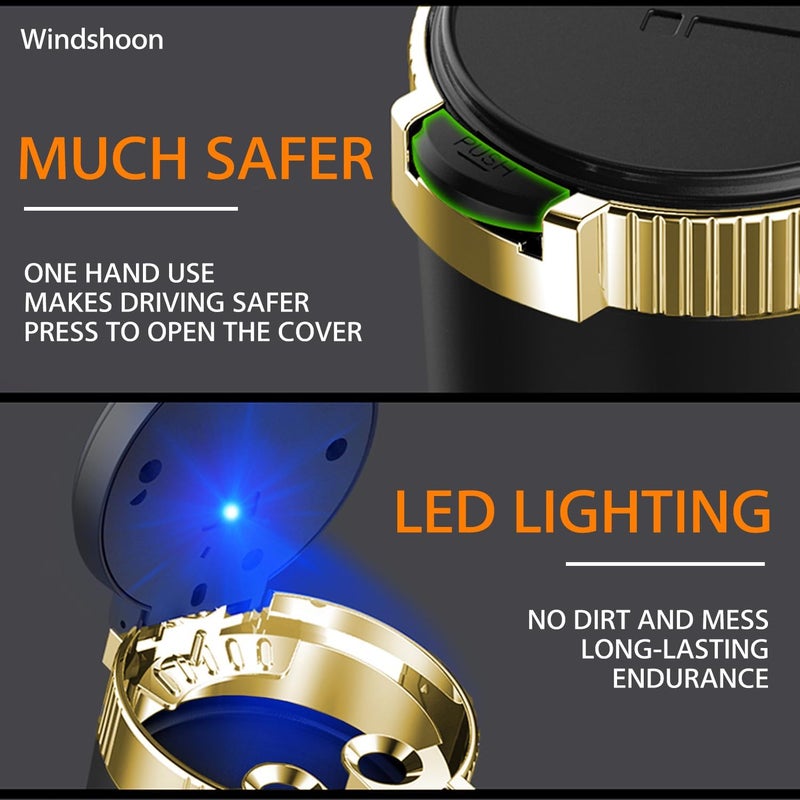 Windshoon Smokeless Car Ashtray with Lid - Stainless Steel Inner Container Windproof Ashtray, Portable LED Blue Light Auto Accessories for Travel, Detachable Mini Trash Can (Golden 1-Pack) - Image 2